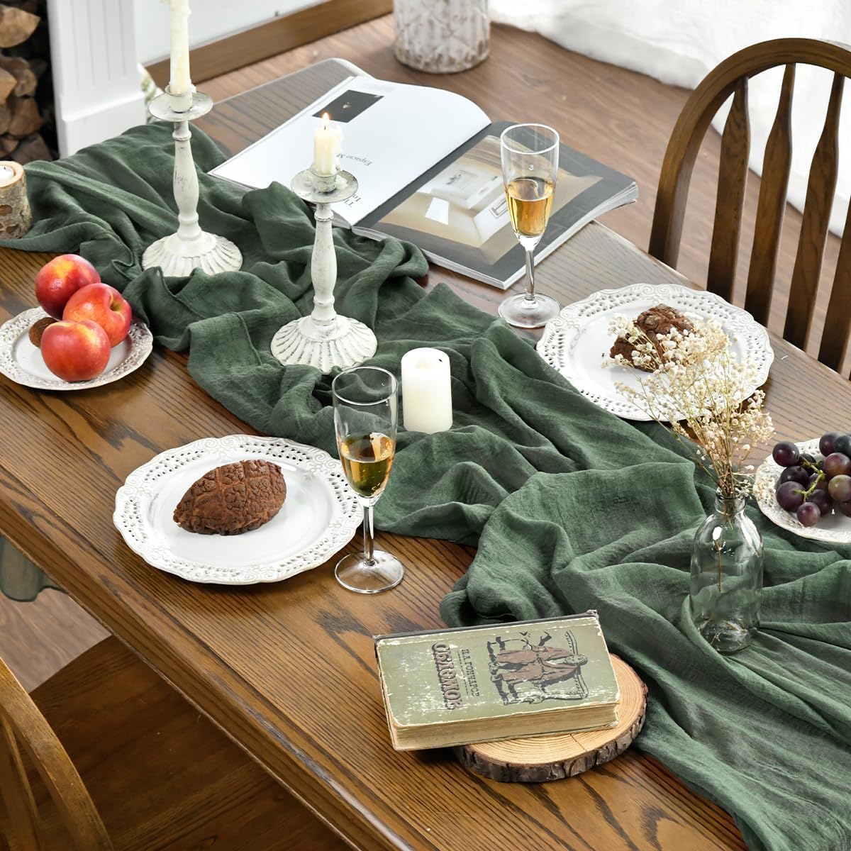 Artoid Mode Boho Forest Green 10Pcs Cheesecloth Gauze Table Runner, 120 Inch Seasonal Fabric Kitchen Dining Holiday Table Decor for Home Party Indoor