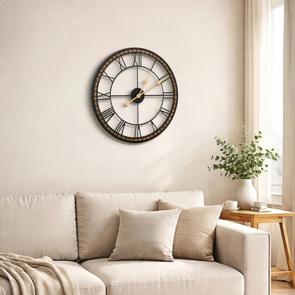 Micasso Large Farmhouse Wall Clock: 20 inch Modern Metal Black with Solid Wood Frame - Rustic Roman Numeral Decorative Wall Clock for Living Room/Entryway/Kitchen - Home Decor for Fashion-Conscious