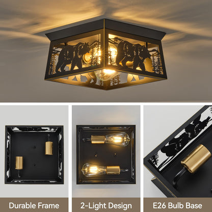 Rustic Bear & Tree Flush Mount Ceiling Light, 2-Light Black Metal Farmhouse Cage Fixture, Vintage Industrial Forest Wildlife Lodge Cabin Lighting for Entryway, Hallway, Kitchen, Bedroom, E26 Base