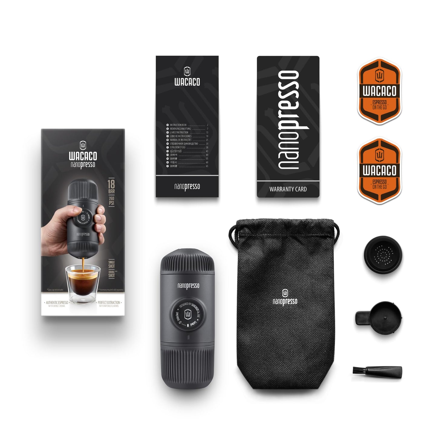 WACACO Nanopresso Portable Espresso Machine, Evolution of the Minipresso, Maximum Pressure 18 Bar, Travel Coffee Maker, No Need for Battery, Manual Operated, Grey
