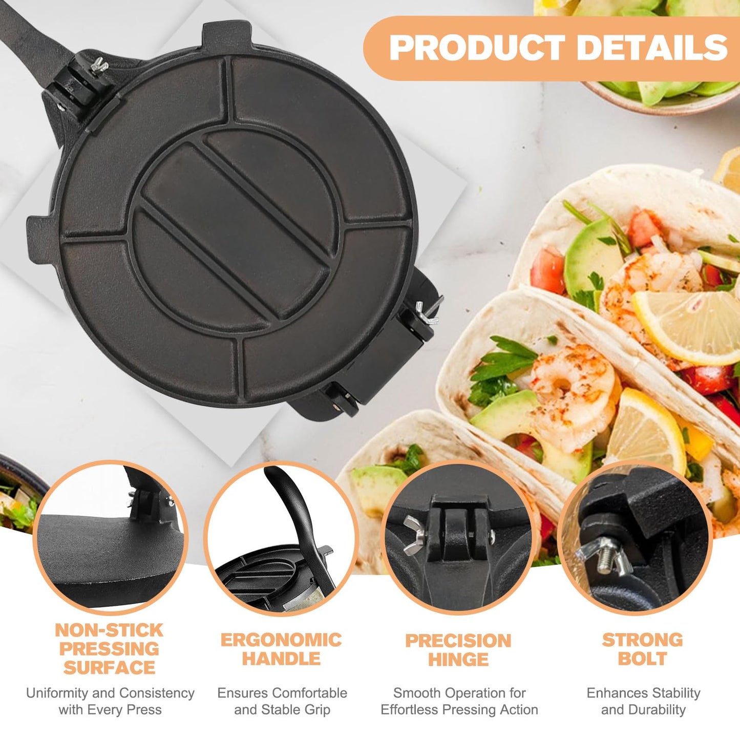 Cast Iron Tortilla Press 12 inch, Heavy Duty Tortilla Pataconera, Flour Tortilla Press with Foldable Handle, Taco press with Some Parchment Paper, Roti Maker, Black