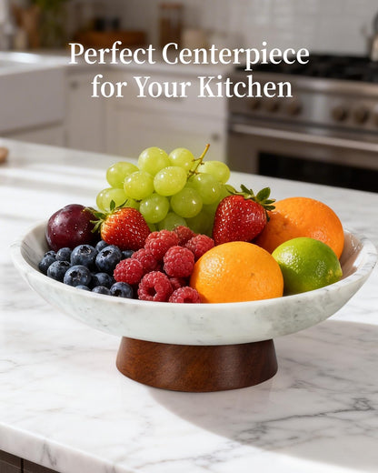 RGBDOT Marble Decorative Bowl, 11” Large Centerpiece for Table, Fruit Bowl for Kitchen Counter, Coffee Table or Entryway Decor, Modern Stone with Wood Base, Housewarming Gift - White