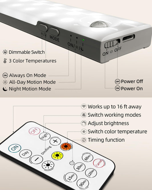 EZVALO 6-Pack Under Cabinet Lighting with Charging Station, 2000mAh Rechargeable Wireless Motion Sensor Lights, 3 Color Temps, Dimmable, Timer, Magnetic, with Remote Control for Kitchen, Closet, Stair