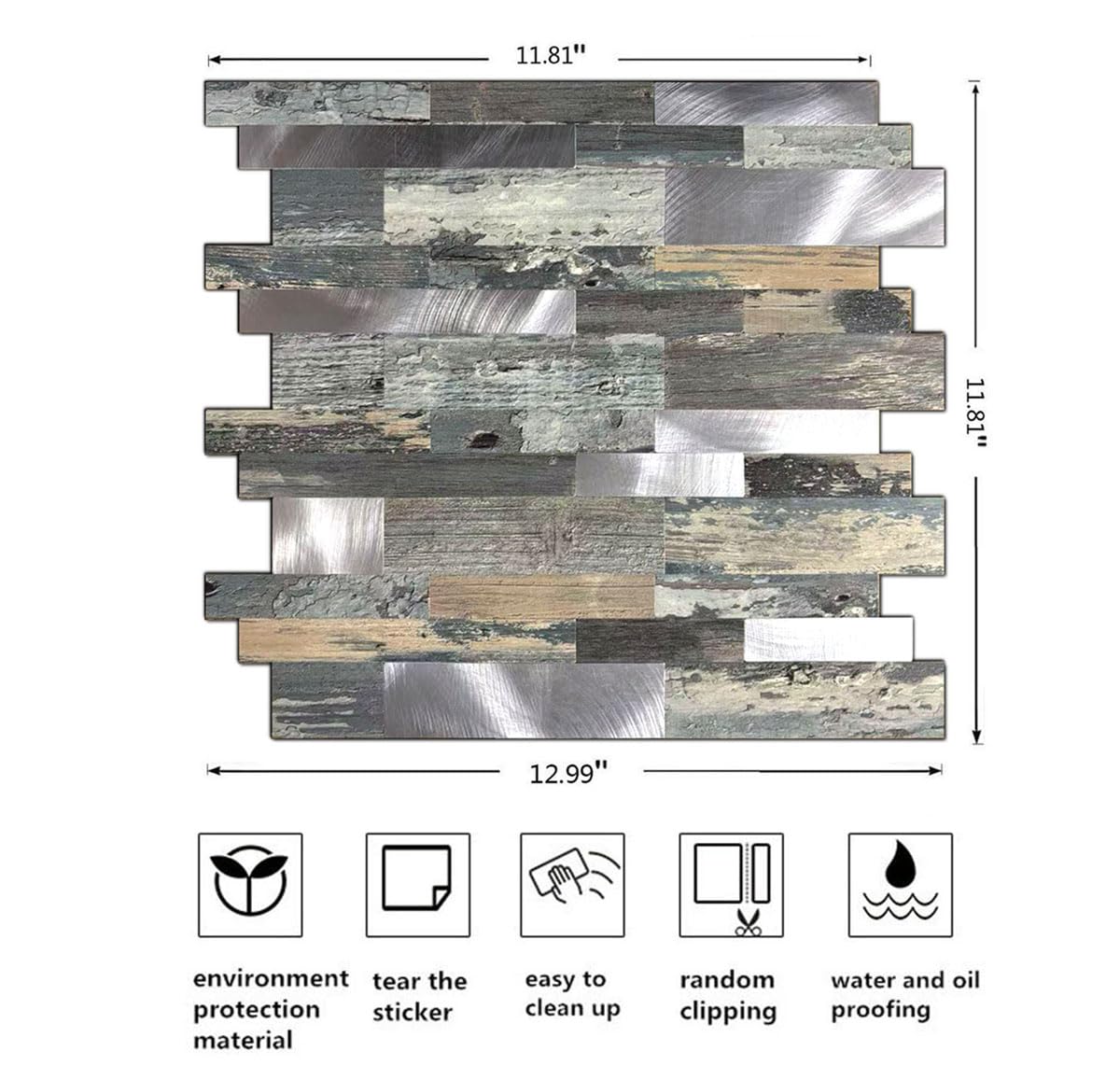 sanyeskkiy 10-Sheet Peel and Stick Backsplash Tile, PVC Mixed Meta,l Stick on Kitchen, Bathroom Vanities, Fireplace Décor, Laundry Table(11.2" X 12.7") (10, Wooden Green+Frosted Silver)