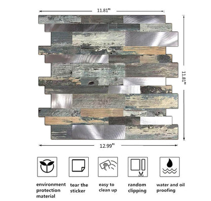 sanyeskkiy 10-Sheet Peel and Stick Backsplash Tile, PVC Mixed Meta,l Stick on Kitchen, Bathroom Vanities, Fireplace Décor, Laundry Table(11.2" X 12.7") (10, Wooden Green+Frosted Silver)