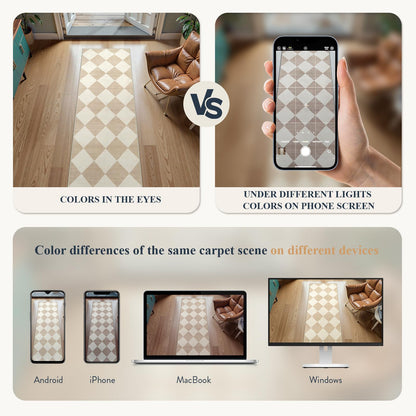 Beeiva Checkered Print Long Hallway Runner Rug Non Slip, Beige Ultra Thin 2.5x10 Washable Runner Rug, Moroccan Trellis Home Decor Faux Wool Neutral Carpet for Bathroom Kitchen Hallways, 10ft