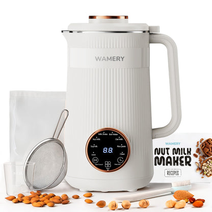 Wamery 32oz Nut Milk Machine (Black) - Soy Milk Maker for Almond & Oat, Fruit Blender, Automatic Heated Programs, Self‑Cleaning, Delay Start, Keep Warm & Boil Water, 1‑Liter Capacity with Starter kit