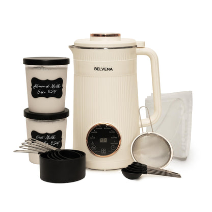 BELVENA All-In-One Bundle Nut Milk Maker Machine – Includes 4 Storage Bottles, Labels & Measuring Set 32oz Capacity 8 in 1 Function Soy Milk Maker Machine Automatic Stainless Steel Almond Nut Oat Rice