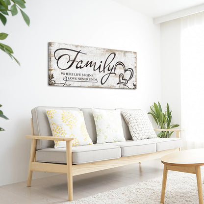 KREATIVE ARTS Large Home Family Wall Decor Rustic Home Sign Inspirational Quotes - Where Life Begins & Love Never Ends Canvas Wall Art Prints for Bedroom Living Room Kitchen 20x48 Inches