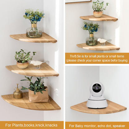 Conamily Corner Shelves, Floating Corner Shelf, Set of 2 12inch Solid Oak Wood Wall Shelves, Round End Wall Mount Display Shelf with Wire Hole for Bedroom Kitchen, Living Room
