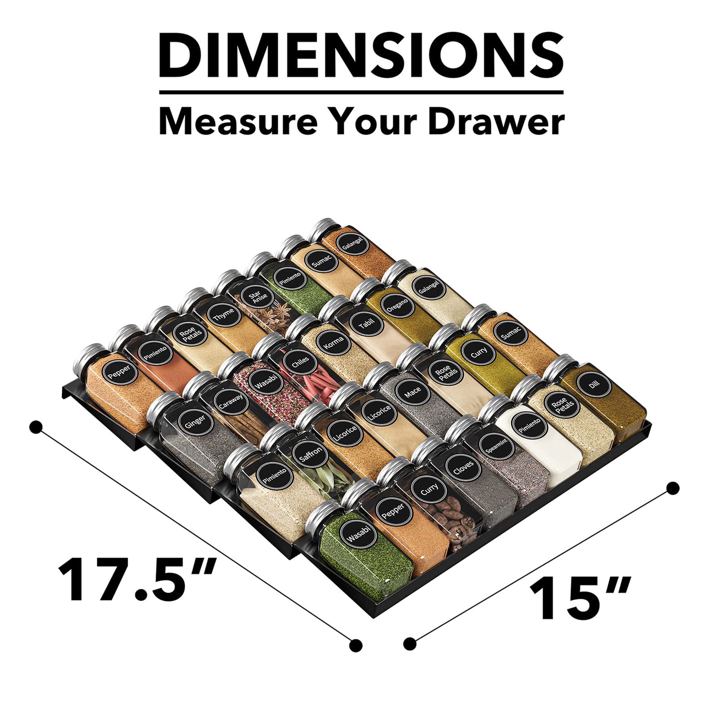 SpaceAid Spice Drawer Organizer with 32 Spice Jars, 386 Spice Labels, 4 Tier Seasoning Rack Tray Insert for Kitchen Drawers, 15" Wide x 17.5" Deep