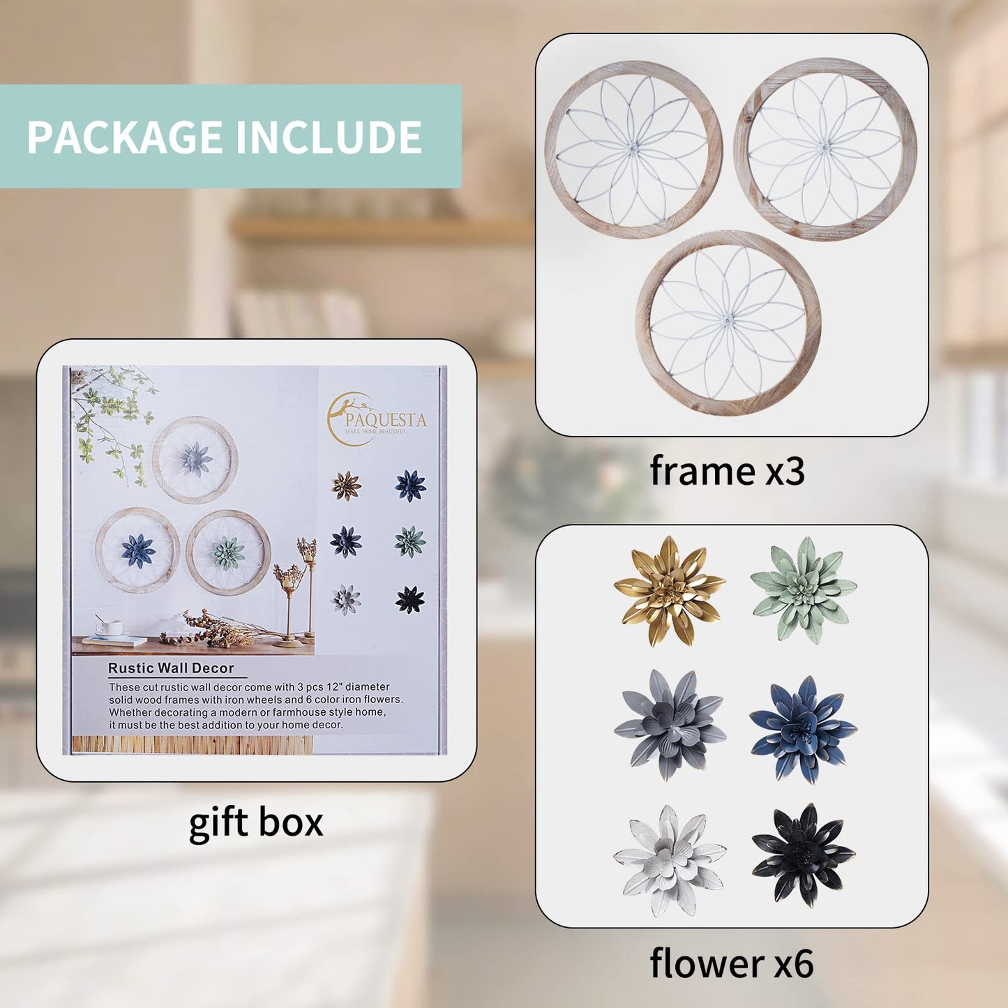 Paquesta 3 Piece Round Farmhouse Wall Decor with 6 Piece Interchangeable Flowers 15.75'' Medallion Wood & Metal Rustic Wall Art for Living Room Bedroom Kitchen Bathroom Dining Room Home Decorations (large white wheel)