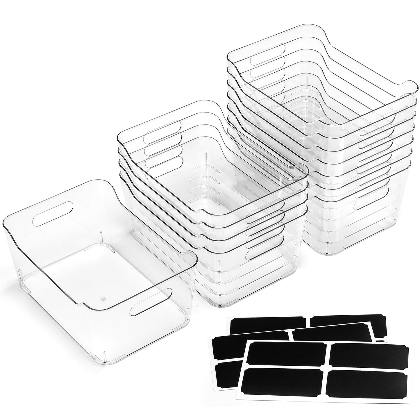 12 PACK Multi-Use Clear Plastic Storage Bins for Organizing w/ Labels - Home, Kitchen, Pantry, Bathroom, Office, Cabinet Shelf Organizer Bins - SOHO Collection, RV, Fridge Organization Containers -XL