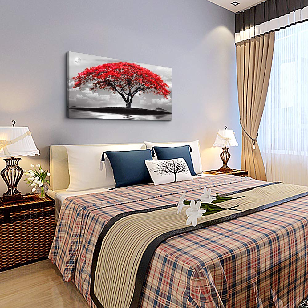 canvas wall art for living room bathroom Wall Decor Black and white landscape red tree moon scenery Hang painting Home Decorations for office bedroom kitchen Works canvas Prints pictures 20" x 40"inch