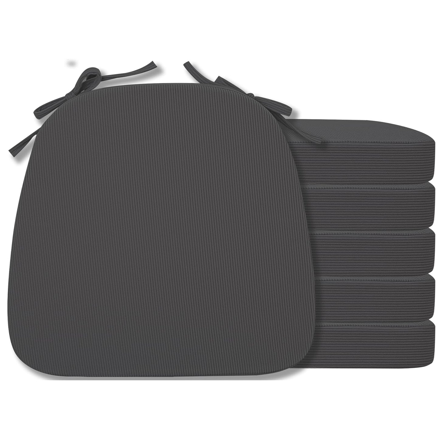 idee-home Chair Cushions for Dining Chairs Set 6, D-Shaped Kitchen Chair Cushions Pads Corduroy with Ties, Removable Seat Pads, 17 x 16 Inches, Dark Grey