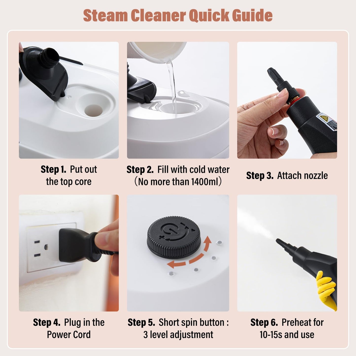 Lamberia Steam Cleaner with 12pcs Accessories, 2500W 1400ml 1.5 Quarts Tank, 3-Level Adjustable Portable Handheld Pressurized Steamer, 15s Heat-Up Steam Cleaner for Home, Car, Kitchen(White, US Plug)