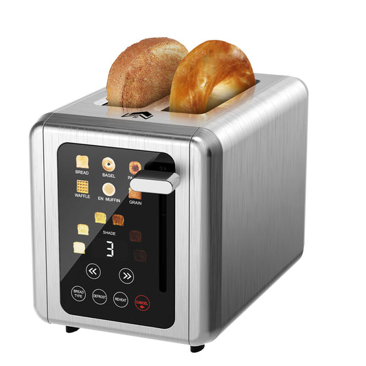 WUNLY 2 Slice Toaster,Touchscreen & Dual Independent Control Panel,5 Basic Functions & Digital Countdown Toasters,6 Shade Settings＆6 Bread Types,Smart Bread Maker Mute/Screen-Off,Platinum