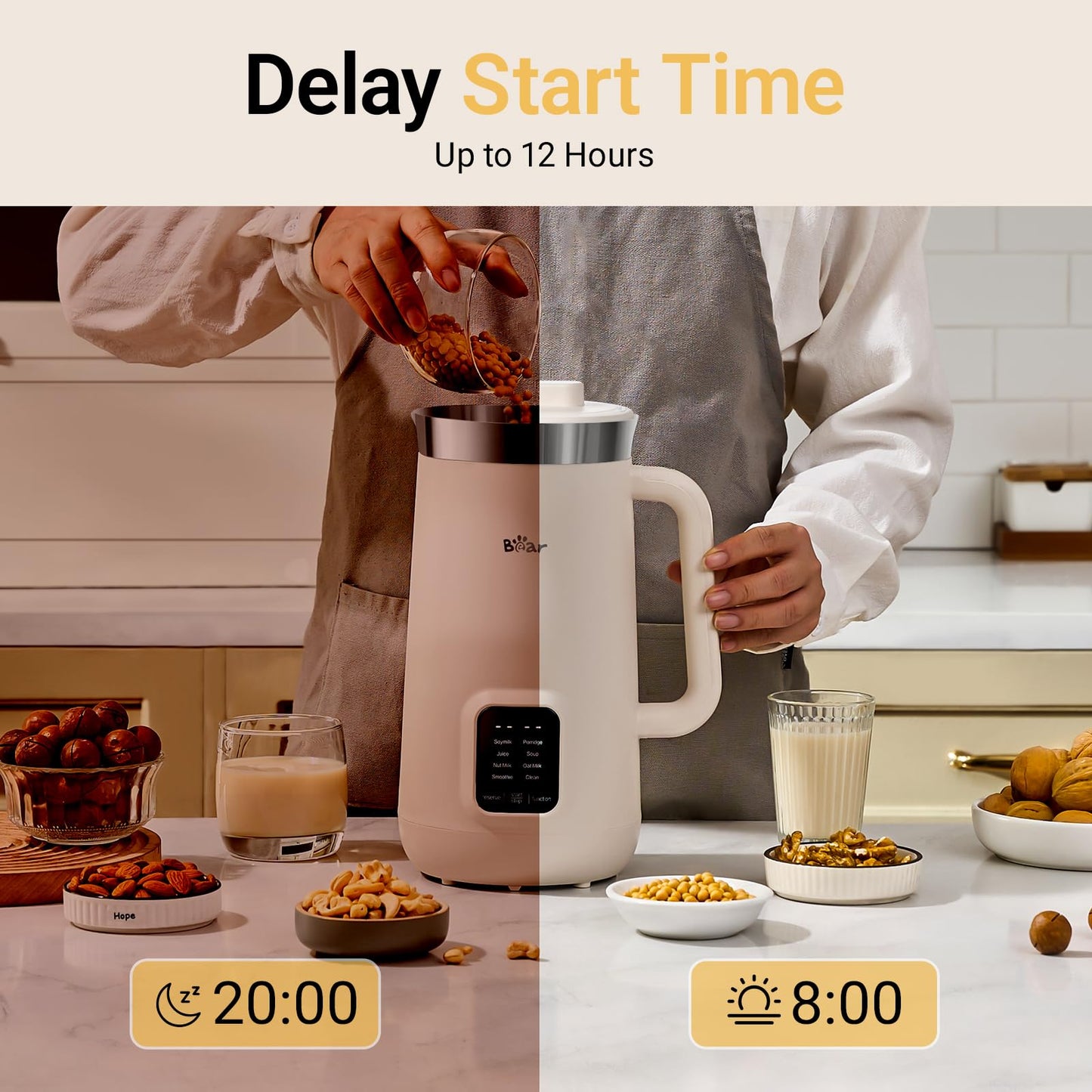 Bear 8 in 1 Nut Milk Maker Machine, 40oz/1.2L Soy Milk Maker with Self Clean/12H Delay/6H Keep Warm, One Touch Almond Milk Maker for Homemade Oat, Soup, Juice, Plant Based and Non Dairy Beverages