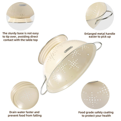 Metal Colander 2 Pack, Strainer Bowel with Handles 2Qt & 6Qt Powder Coated Solid Ring Base Heavey Duty Kitchen Drainer Basket for Pasta Veggies and Fruits,New Home Apartment Essentials (Almond Cream)
