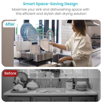 Home Zone Living Large 2-Tier Stainless Steel Dish Drying Rack with Drain Pipe and Utensil Holders