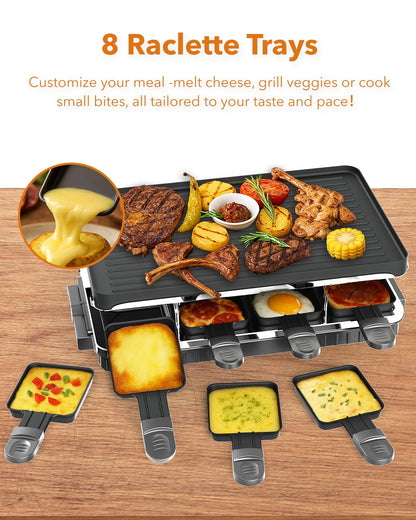 HBN Electric Raclette Table Grill with 8 Warming Trays, 2-in-1 Korean BBQ Grill & Electric Griddle Nonstick, Adjustable Temperature Control,1300W, Great for Indoor Family Gatherings, Parties & Dining