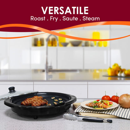 Elite Gourmet EMG-980BX Large Indoor Electric Round Nonstick Grill Cool Touch Fast Heat Up Ideal Low-Fat Meals Dishwasher Safe Includes Glass Lid, 14", Black