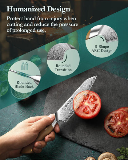HEZHEN Kitchen Utility Knife, 5.5 Inches, 67 Layers Damascus Steel, Multifucational Paring Knife for Chefs and Home Cooking, Ultra-sharp Blade with Linen Micarta Handle, Gift Packing