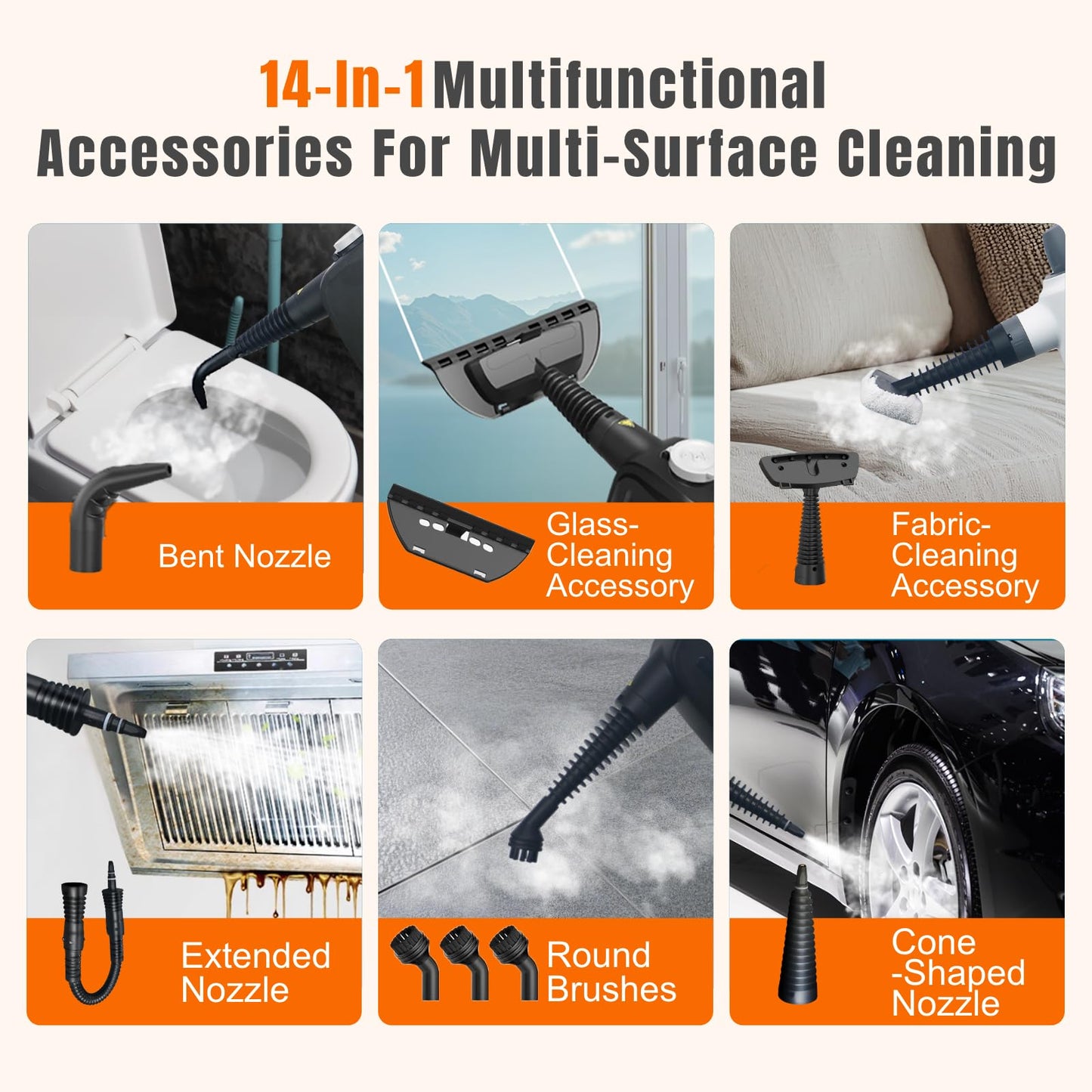Pressurized Handheld Steam Cleaner for Home, Multi-Surface Steamer with 14 PCS Accessories for House Cleaning, 20S Fast Heat Up, 1350W Portable Steamer Cleaner with Safety Lock for Bathroom, Kitchen