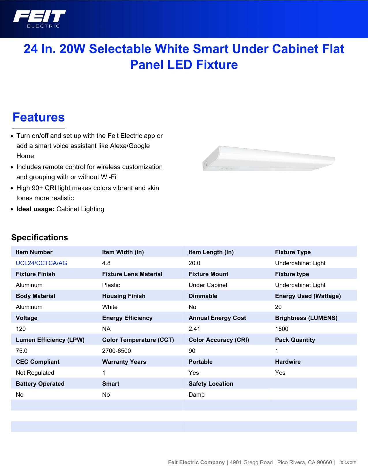 Feit Electric Under Cabinet Lighting 20" LED Light Fixture, Works with Alexa/Google Home, Frost Lens Kitchen Cupboard Night Light, Linkable up to 8, 20 Watts, 90 CRI, 1500 Lumens, White UCL24/CCTCA/AG