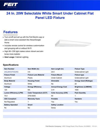 Feit Electric Under Cabinet Lighting 20" LED Light Fixture, Works with Alexa/Google Home, Frost Lens Kitchen Cupboard Night Light, Linkable up to 8, 20 Watts, 90 CRI, 1500 Lumens, White UCL24/CCTCA/AG