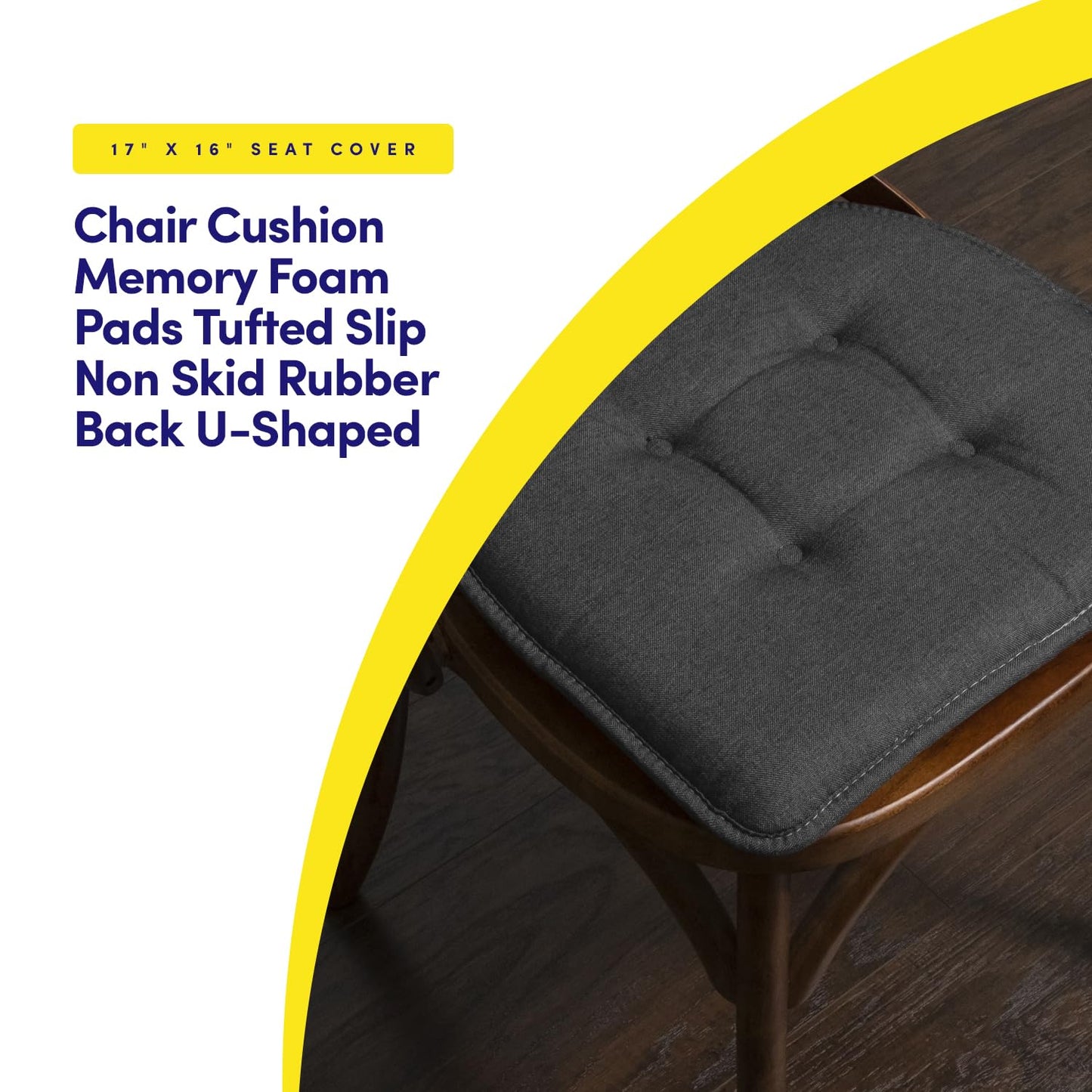 Sweet Home Collection Chair Cushion Memory Foam Pads Tufted Slip Non Skid Rubber Back U-Shaped 17" x 16" Seat Cover, 6 Pack, Charcoal Gray