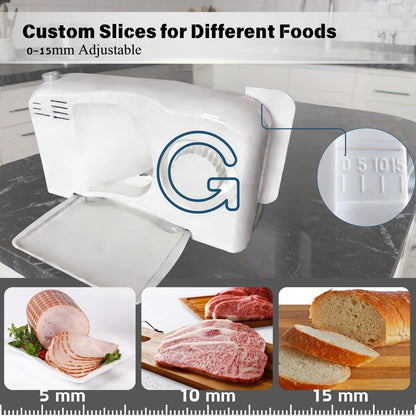 Meat Slicer for Home, 150W Foldable Deli Meat Slicer with 6.7'' Blade, Child Lock Protect Electric Bread Slicer, Adjustable Thickness Portable Food Cutter Machine for Spam Breads Meat (White)