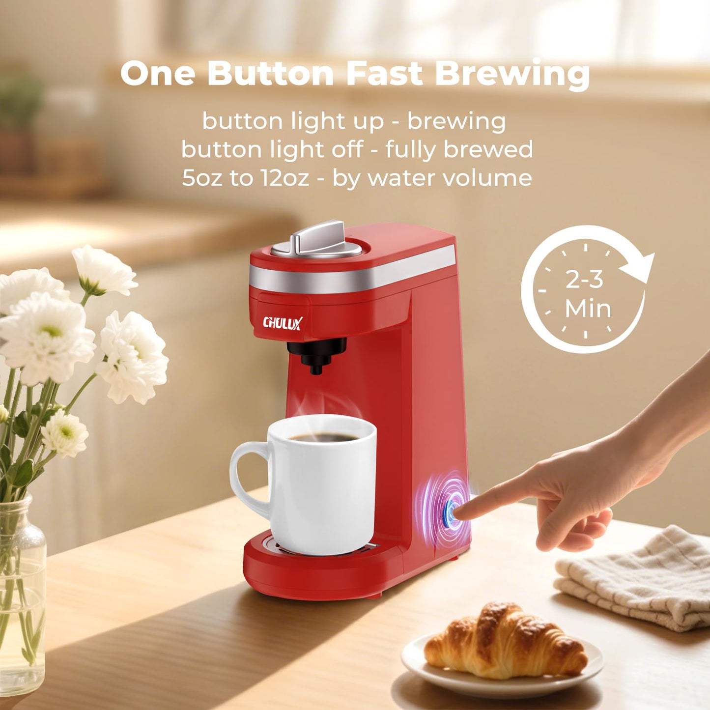 CHULUX Mini Coffee Maker for K Capsule, Single Serve Coffee Maker for One Cup Americano, Lightweight Pod Coffee Machine, Red