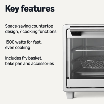 Amazon Basics 6-Slice 23-QT Toaster Oven with Built-In Air Fryer, 7-In-1 Cooking Options, 60-Min Timer & Adjustable Temperature (200°F - 450°F), With Accessories, 1500W, Stainless Steel, Silver/Gray