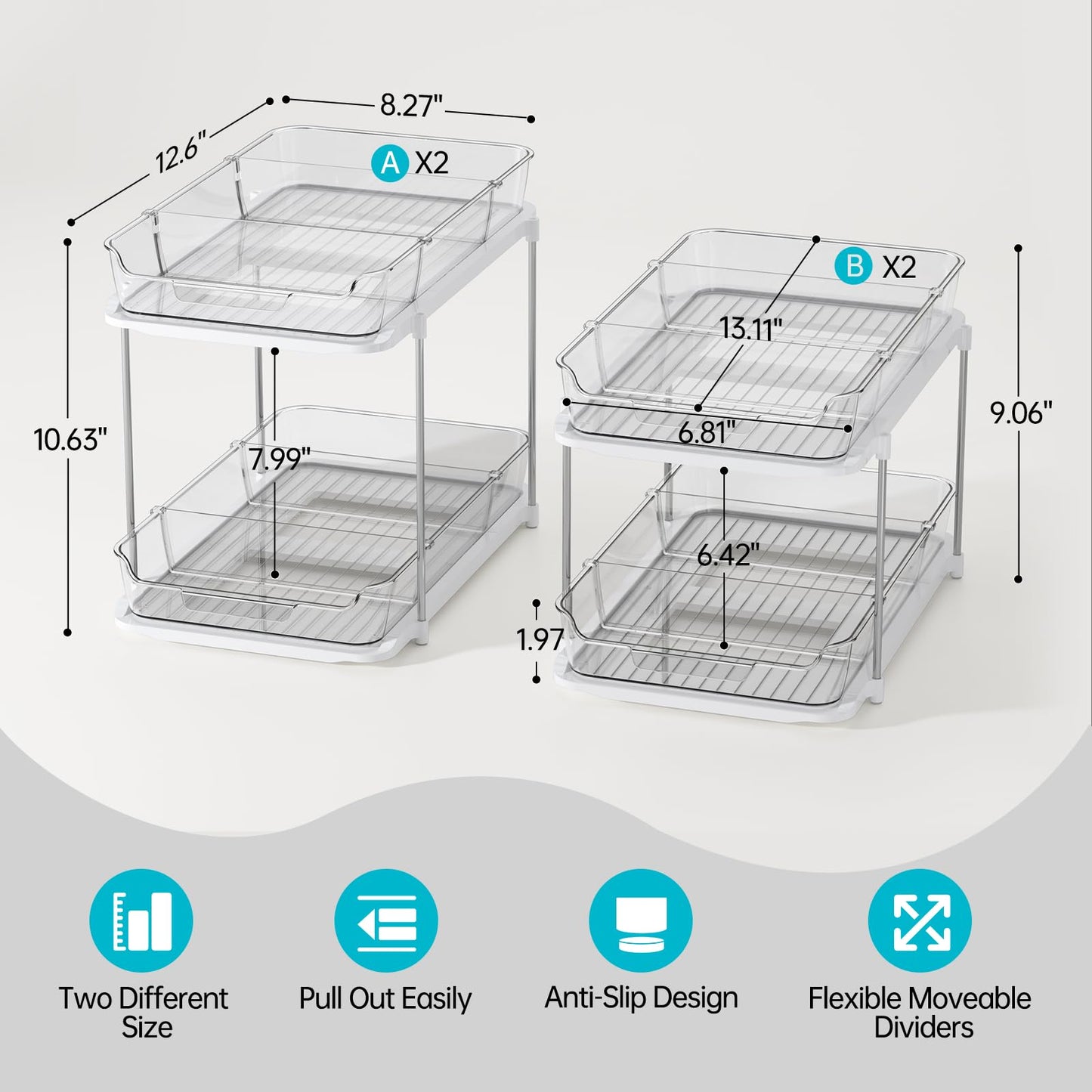 Delamu 4 Pack 2-Tier Bathroom Under Sink Organizers and Storage, Multi-Purpose Stackable Pantry Organization and Storage, Pull Out Clear Kitchen Bathroom Cabinet Organizer with Movable Dividers, White