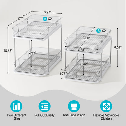 Delamu 4 Pack 2-Tier Bathroom Under Sink Organizers and Storage, Multi-Purpose Stackable Pantry Organization and Storage, Pull Out Clear Kitchen Bathroom Cabinet Organizer with Movable Dividers, White