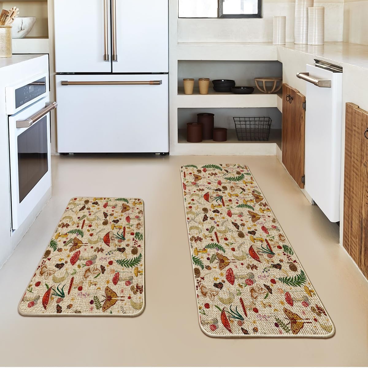Artoid Mode Mushrooms Butterfly Spring Kitchen Mats Set of 2, Home Decor Low-Profile Kitchen Rugs for Floor - 24x35 and 24x59 Inch