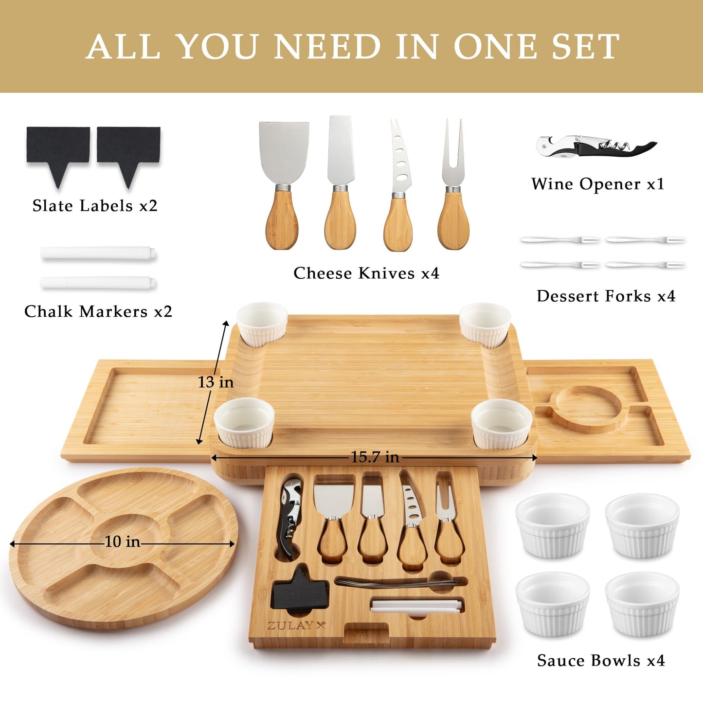 Zulay Charcuterie Board Set Extra Large - Great White Elephant Gift, Housewarming Gift for New Home, Bamboo Cheese Board - Charcuterie with Accessories, Wine and Cheese