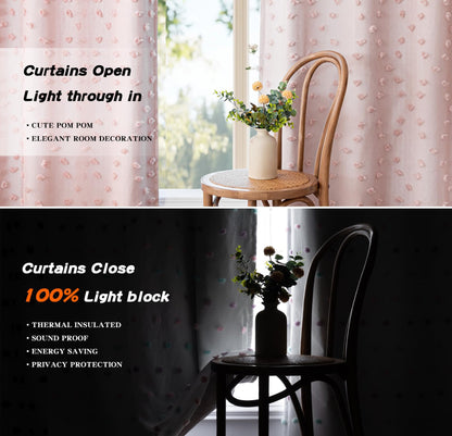 MYSKY HOME 100% Blackout Curtains for Nursery Thermal Insulated Blush Pink Pom Pom Curtain 72 Inch Length for Girls Bedroom 2 Panels Grommet White Sheer Drapes for Kitchen Dining Room Door, 52W x 72L