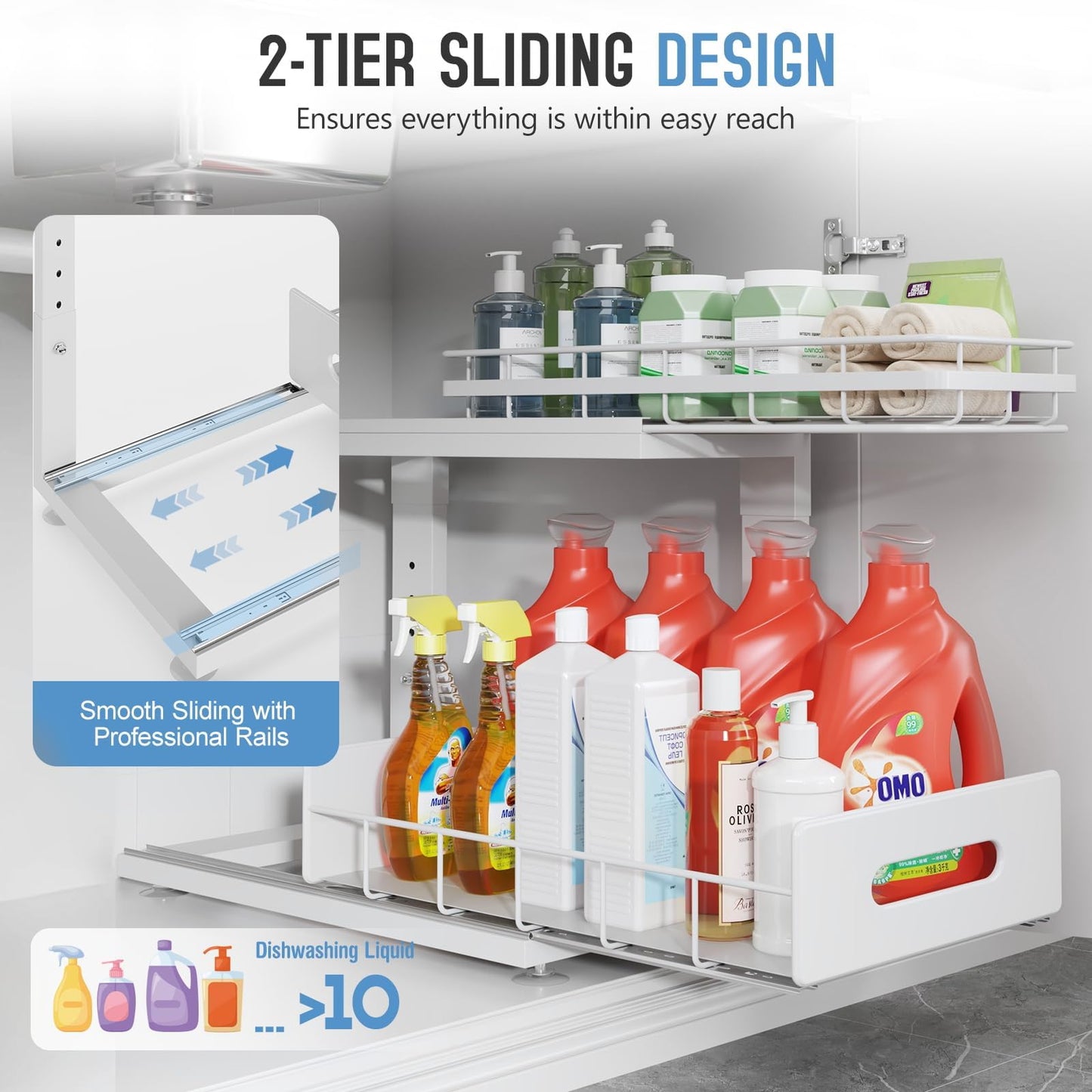 Biboraya Under Sink Organizer Upgrade To Professional Rails,2-Tier Dual Pull Out Cabinet Storage,Height Adjustable Slide Out Drawers For Bathroom Kitchen,2 Pack-14.5"Dx12.8"-16.9"H,White