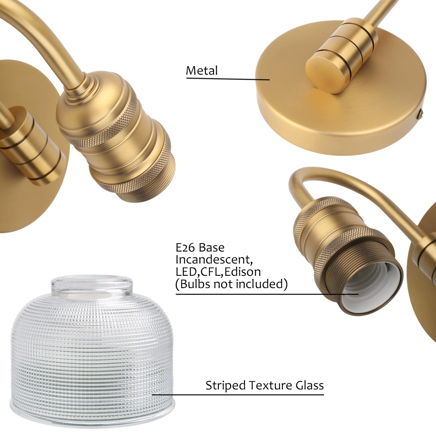 Yosoan Brass Gold Vintage Wall Sconce with Striped Shade, 1-Light Modern Vanity Light Industrial Single Wall Mounted Hardwired Bowl Texture Glass Shade for Living Room Bedroom Kitchen Hallway(Antique)