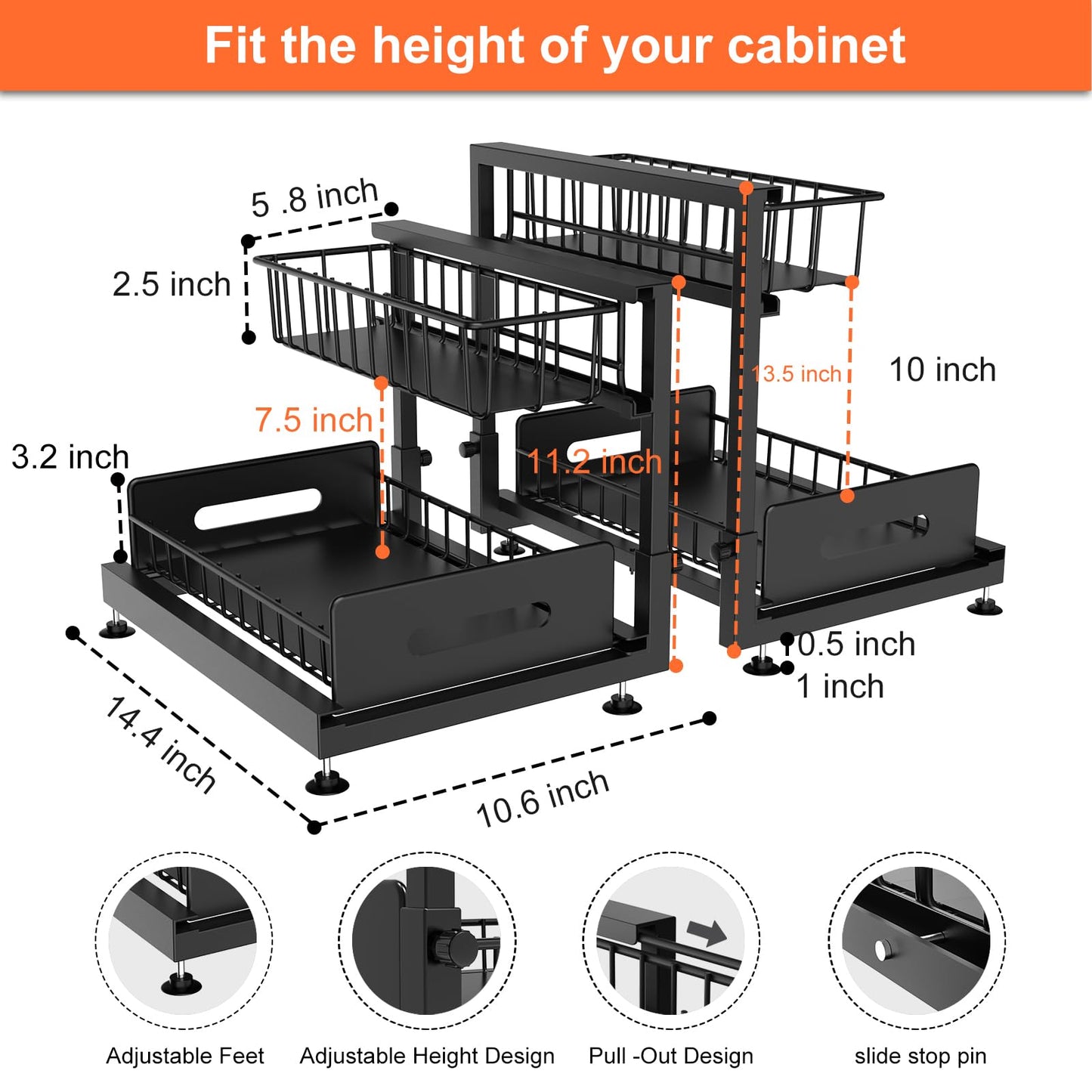 2 Pack Under Sink Organizers and Storage,Pull Out Cabinet Organizer,2-Tier Sliding Out Kitchen Basket Sink Shelf Cabinet Organizers Adjustable L Shape Counter Organizers for Bathroom Kitchen (Black)