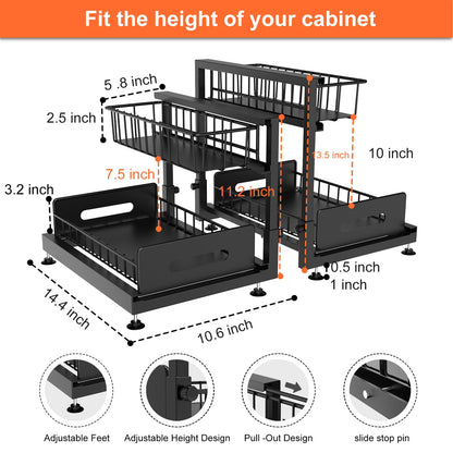 2 Pack Under Sink Organizers and Storage,Pull Out Cabinet Organizer,2-Tier Sliding Out Kitchen Basket Sink Shelf Cabinet Organizers Adjustable L Shape Counter Organizers for Bathroom Kitchen (Black)