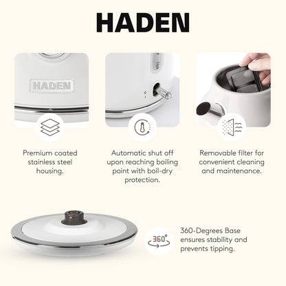 Haden Dorset 1.7 Liter Stainless Steel Electric Kettle, Hot Water Kettle with 360-Degree Base and Auto Shutoff, Ivory & Chrome