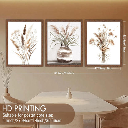 JJY Framed Fall Farmhouse Boho Decor for Wall Art Prints set of 3 -Autumn Pampas Grass Wall Decor Poster Aesthetics -Nature Fall Plant Painting Set for Home Living Room Kitchen Wall Decor 11"x14"
