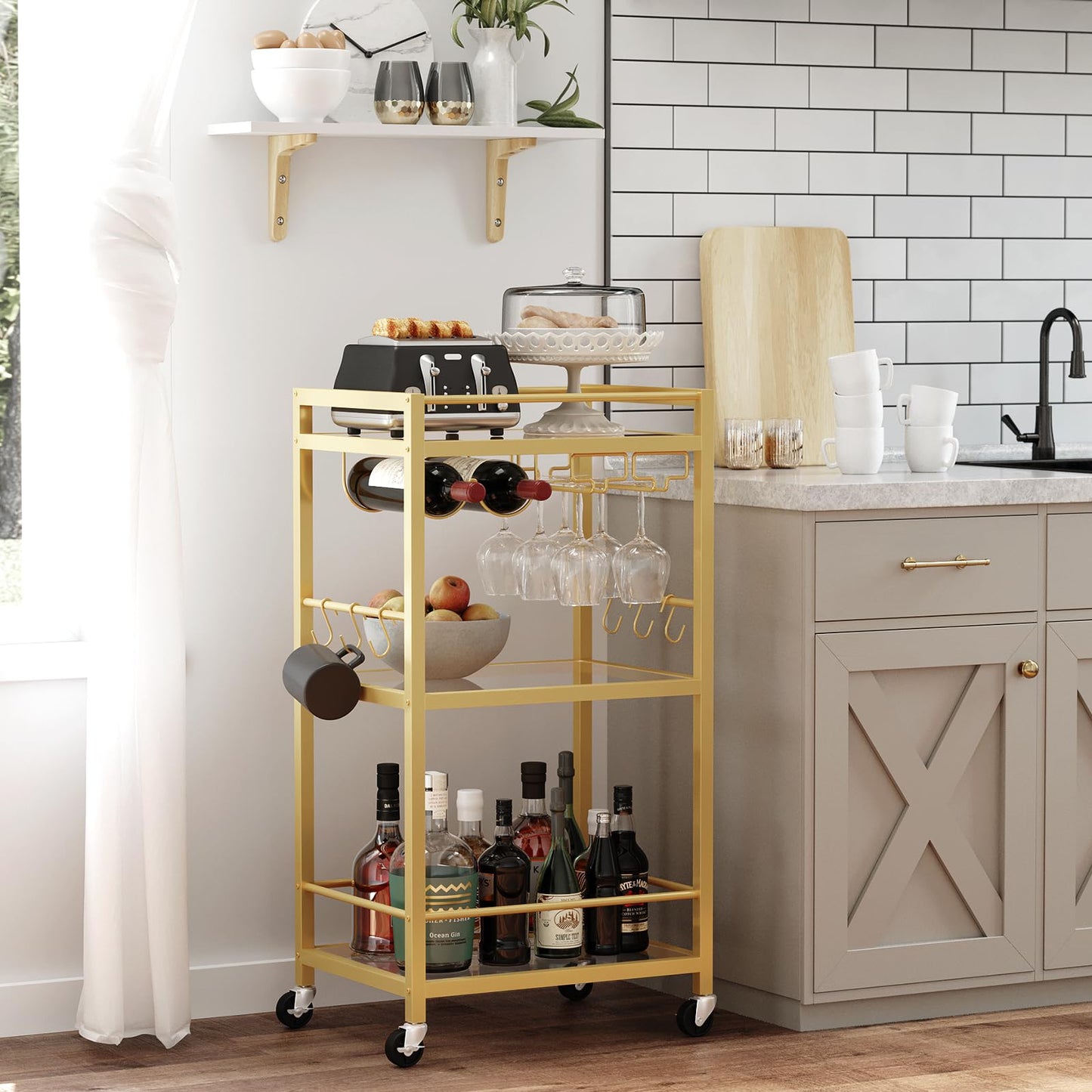 TUTOTAK Bar Cart, Home Bar Serving Cart with 3-Tier Mirrored Shelf, Drink Cart, Mobile Kitchen Shelf with Wine Rack, Gold BC01BB033