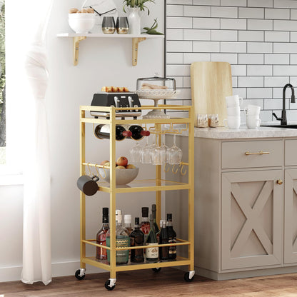 TUTOTAK Bar Cart, Home Bar Serving Cart with 3-Tier Mirrored Shelf, Drink Cart, Mobile Kitchen Shelf with Wine Rack, Gold BC01BB033