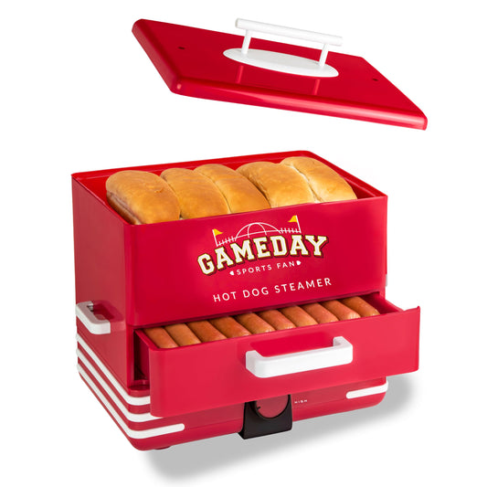 Nostalgia, Game Day Hot Dog Steamer and Bun Warmer, Fits 20 Dogs and 8 Buns, Steams Pot Stickers, Veggies, Potatoes, and Other Appetizers or Toppings