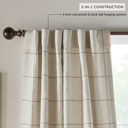 Elrene Home Fashions Brighton Windowpane Plaid Blackout Window Curtain, Living Room and Bedroom Drape with Rod Pocket Tabs, 52" x 84", Linen, 1 Panel