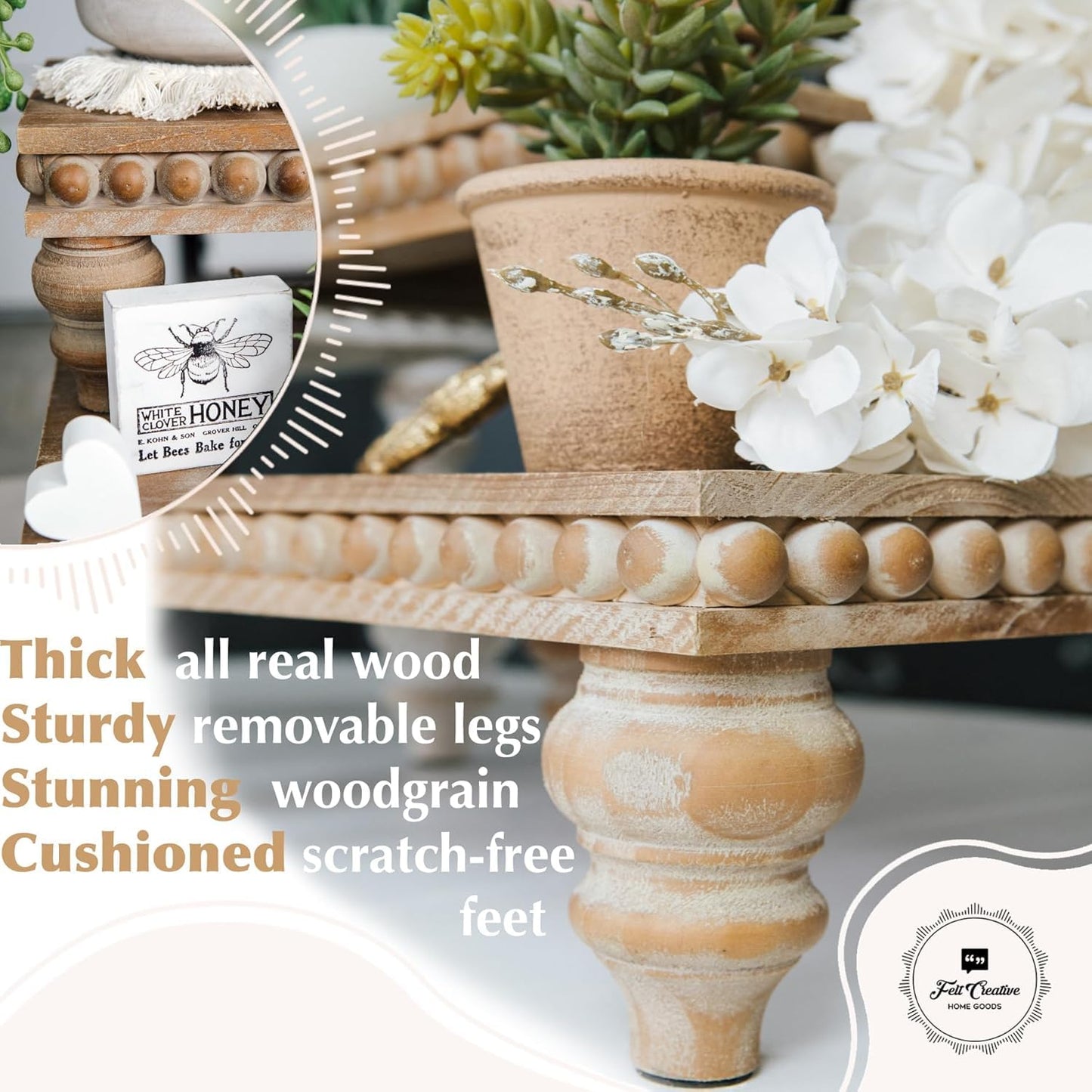 Felt Creative Home Goods Decorative Wood Risers for Decor | Tiered Tray Stand | Farmhouse Beaded Riser Stand for Decor | Wooden Pedestal Stand Large 12x16 Beaded Tray for Kitchen Coffee Bar (Brown)
